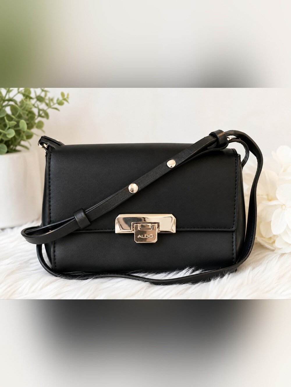 ALDO Black Crossbody Bag Gold Push Lock Small Shoulder Purse